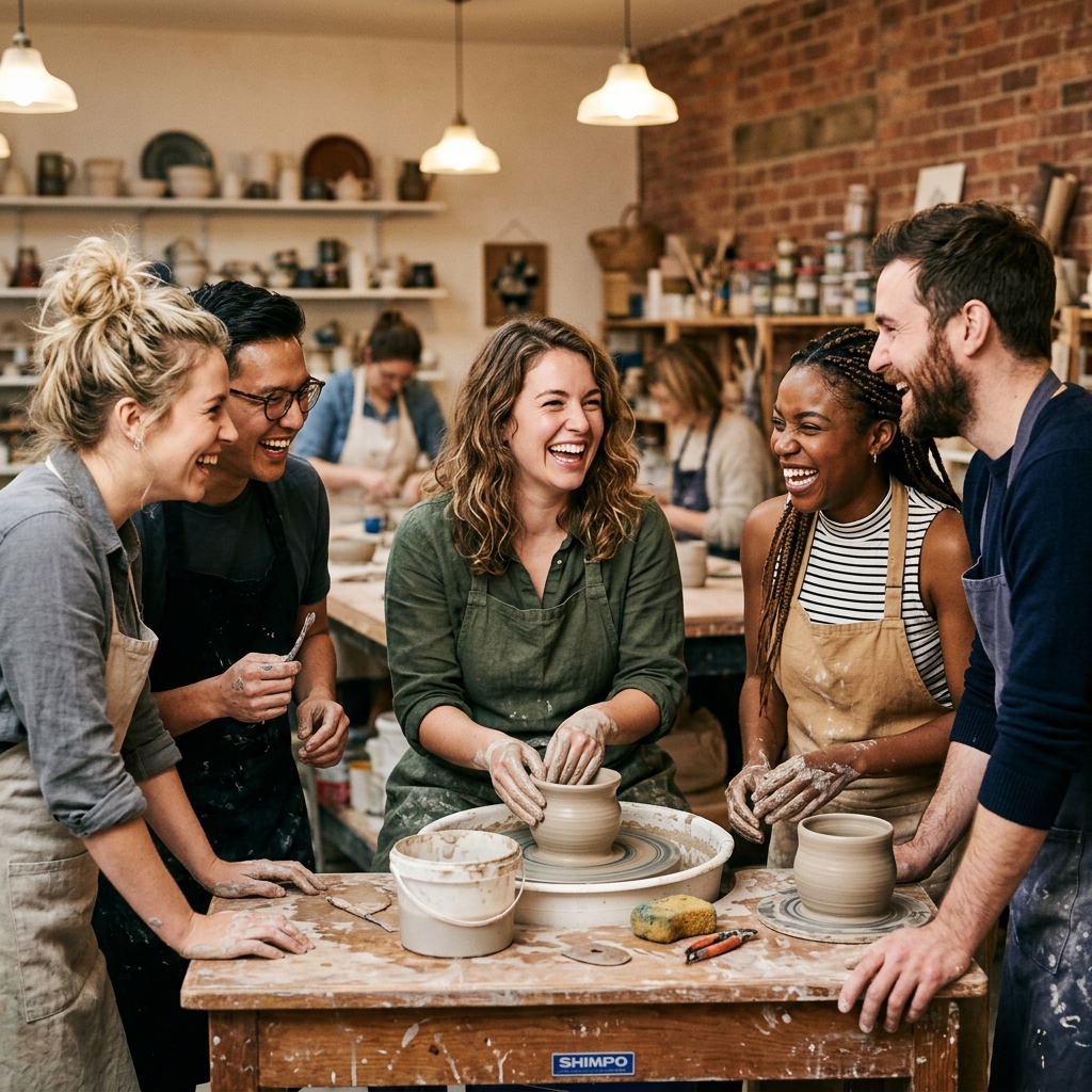 Group of friends laughing and enjoying a pottery class together